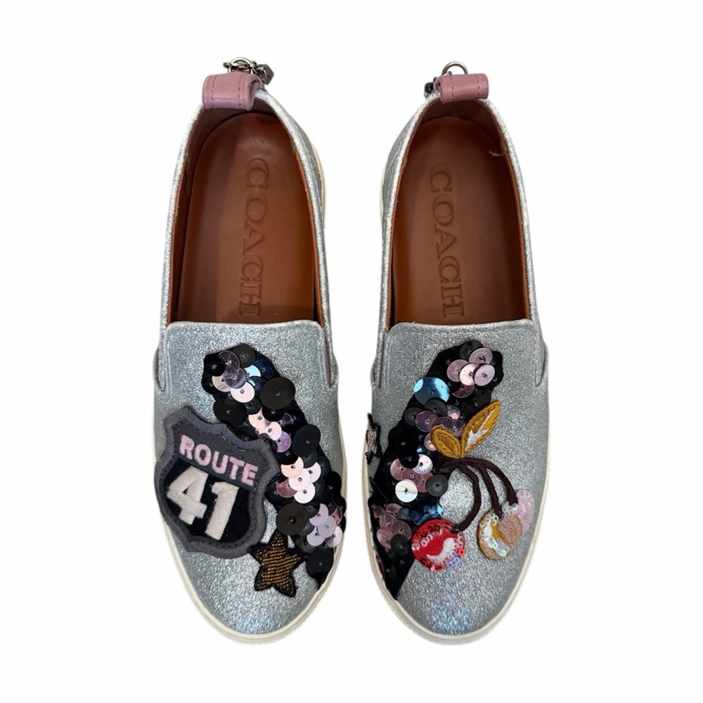 Coach C115 Slip On Glitter Silver Cherry Patches Route 41 Size 7.5 Charm Sequin